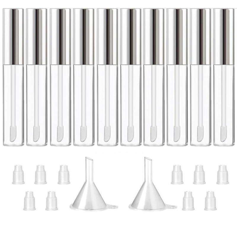 GTHER 10PCS 10ML Empty Lip Gloss Containers Tube with Wand Refillable Lip Balm Bottles Lipstick Sample Container and Funnel and Rubber Stoppers for Girls DIY Lip Samples Silver Top