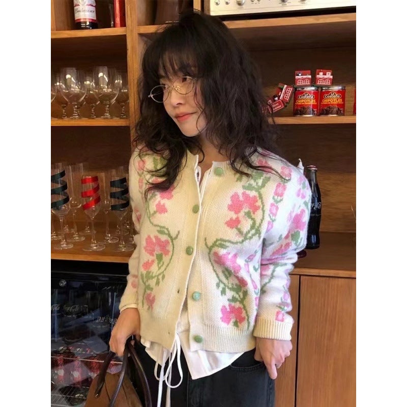 Sweet Short Knitted Cardigan DXH-4-406 Korean Style Floral Embroidery Gentle Urban Style Long Sleeve round Neck Spring Autumn Grey  - Image 5
