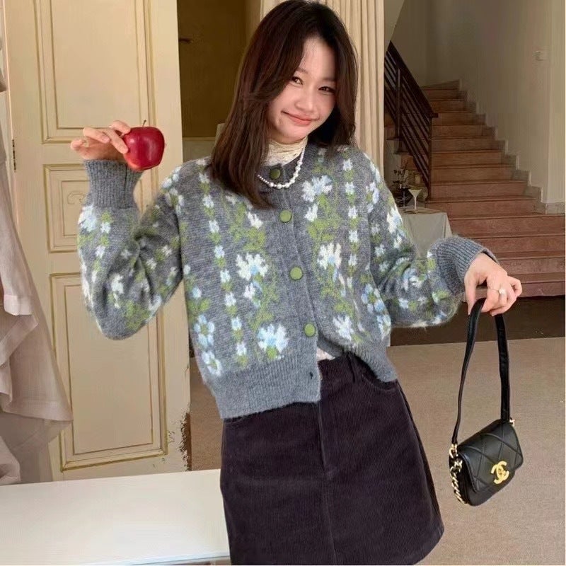 Sweet Short Knitted Cardigan DXH-4-406 Korean Style Floral Embroidery Gentle Urban Style Long Sleeve round Neck Spring Autumn Grey  - Image 2