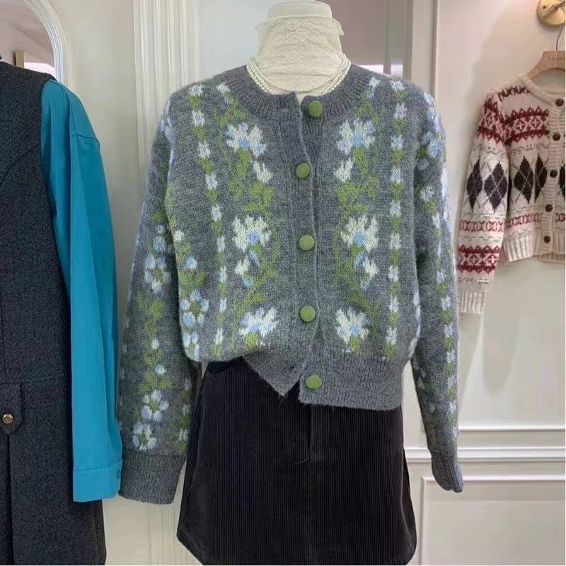 Sweet Short Knitted Cardigan DXH-4-406 Korean Style Floral Embroidery Gentle Urban Style Long Sleeve round Neck Spring Autumn Grey  - Image 3