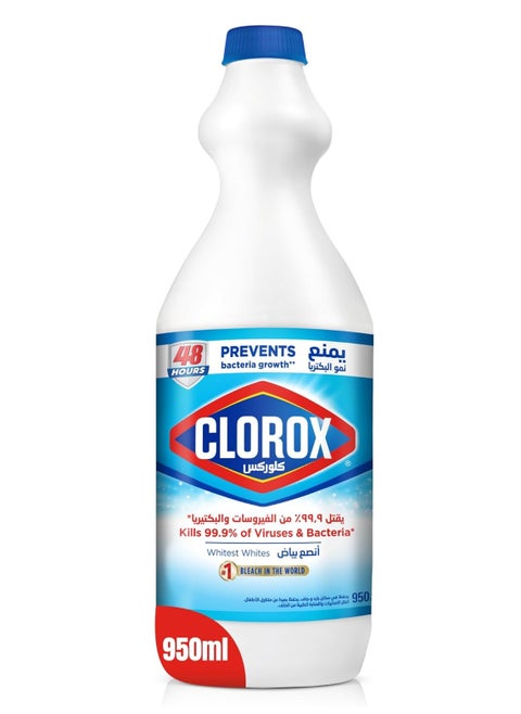 Clorox Liquid Bleach 950ml, Kills 99.9% of Viruses and Bacteria, 48 Hours Prevents Bacteria Growth, Removes Stains