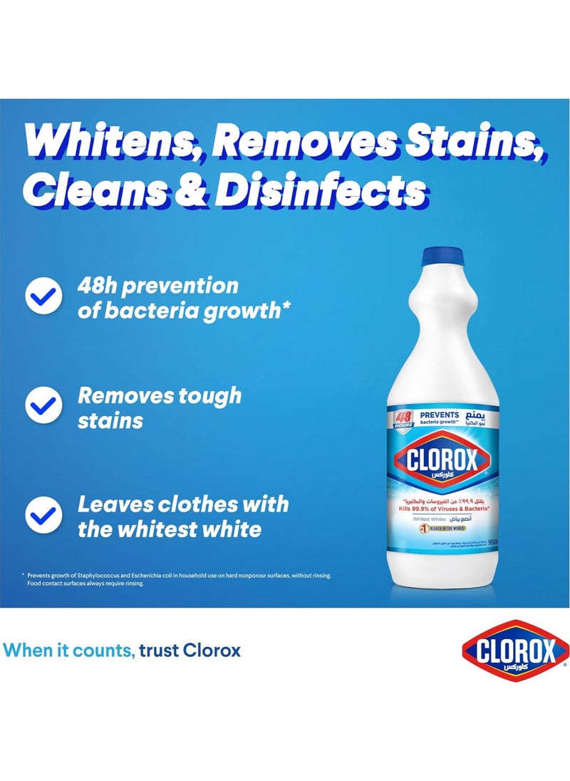 Clorox - Clorox Liquid Bleach 950ml, Kills 99.9% of Viruses and Bacteria, 48 Hours Prevents Bacteria Growth, Removes Stains - Image 1