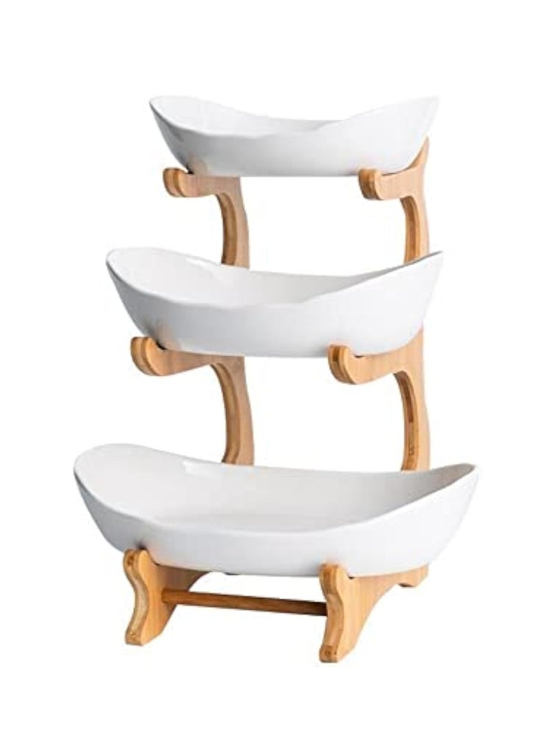 عربست وعاء فواكه سيراميك من 3 طبقات مع حامل خشب الخيزران لطاولة المطبخ، سلة فواكه مع حامل صينية تقديم قابلة للفصل، حلوى، فواكه، كيك، حلوى طقم حامل تخزين سيراميك - أبيض - Image 2