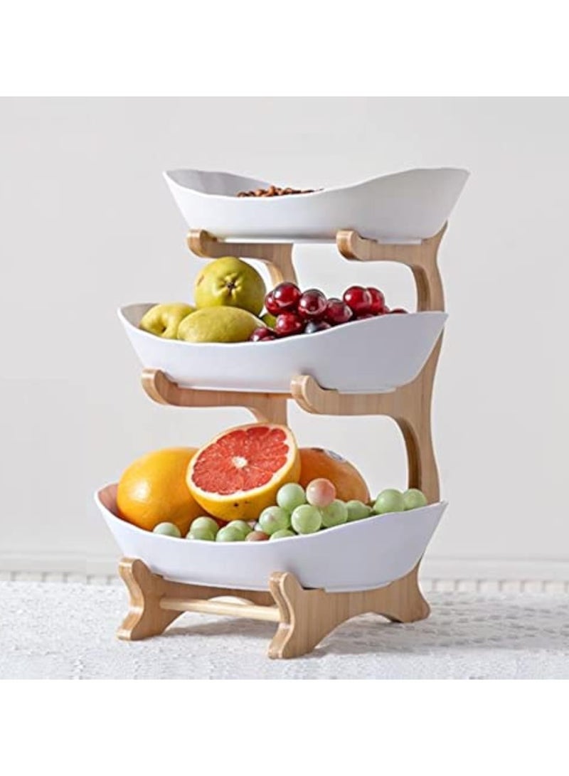 عربست وعاء فواكه سيراميك من 3 طبقات مع حامل خشب الخيزران لطاولة المطبخ، سلة فواكه مع حامل صينية تقديم قابلة للفصل، حلوى، فواكه، كيك، حلوى طقم حامل تخزين سيراميك - أبيض - Image 3
