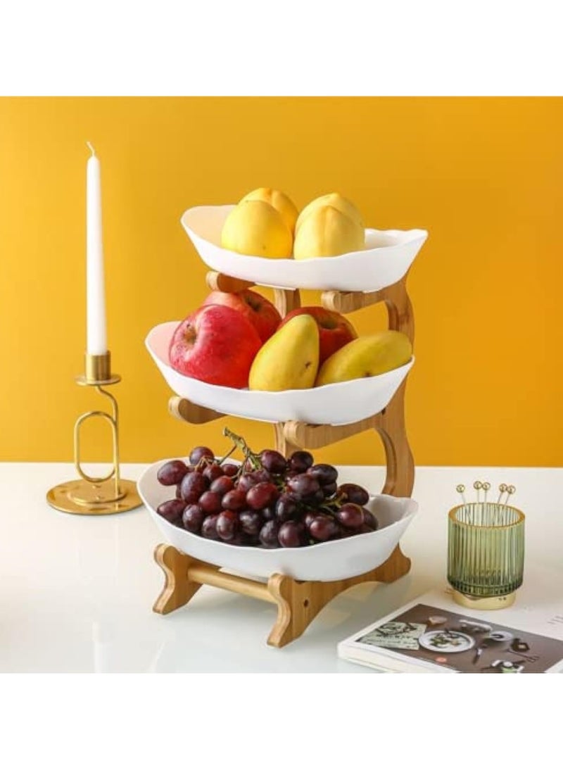 عربست وعاء فواكه سيراميك من 3 طبقات مع حامل خشب الخيزران لطاولة المطبخ، سلة فواكه مع حامل صينية تقديم قابلة للفصل، حلوى، فواكه، كيك، حلوى طقم حامل تخزين سيراميك - أبيض - Image 4