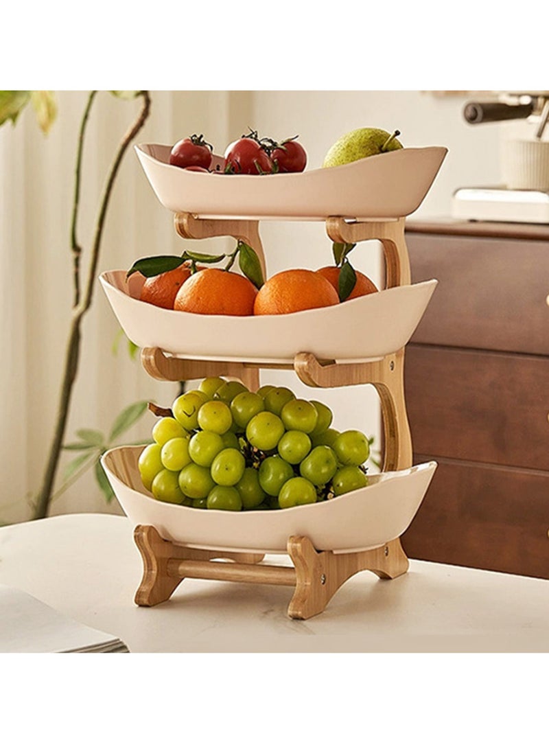 عربست وعاء فواكه سيراميك من 3 طبقات مع حامل خشب الخيزران لطاولة المطبخ، سلة فواكه مع حامل صينية تقديم قابلة للفصل، حلوى، فواكه، كيك، حلوى طقم حامل تخزين سيراميك - أبيض - Image 1