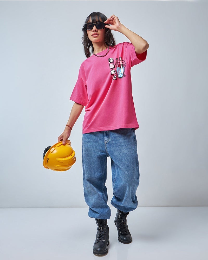 bewakoof Women's Pink Just Summer Things Graphic Printed Oversized T-shirt - Image 5