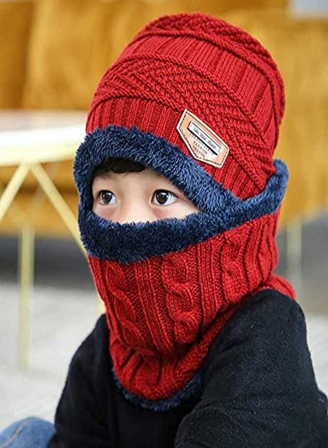 Dressify® - Kids Red Color Winter Soft Warm Snow Proof Cap (Inside Fur) Woolen Beanie Cap with Scarf for Boy's (Free Size) - Image 2
