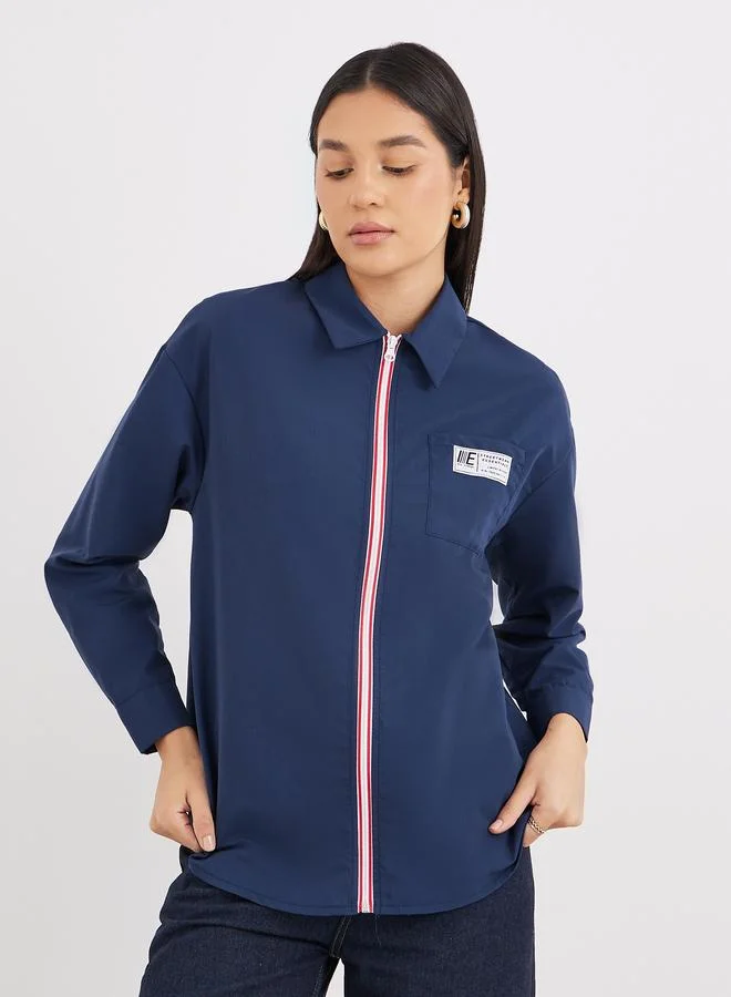 Styli Contrast Zipper Oversized Long Sleeve Shirt