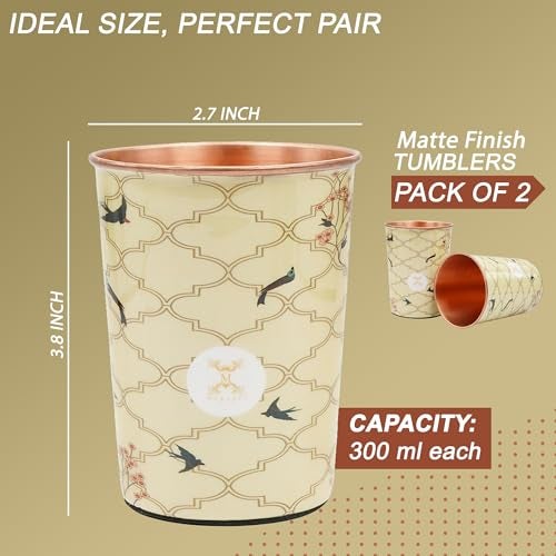 MERCAPE® 100% Pure Copper Glasses Set of 2 | Designer Meena Print | 300ml Each | Ayurvedic Benefits | Handmade Copper Tumblers for Daily Use & Gifting (Multiple Designs) (Beige Swallow Design) - Image 5
