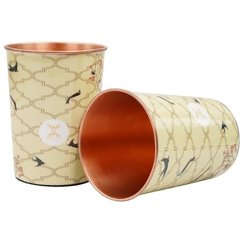MERCAPE® 100% Pure Copper Glasses Set of 2 | Designer Meena Print | 300ml Each | Ayurvedic Benefits | Handmade Copper Tumblers for Daily Use & Gifting (Multiple Designs) (Beige Swallow Design) - Image 1