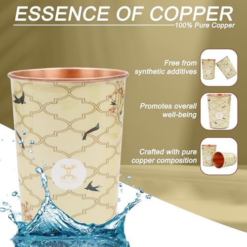 MERCAPE® 100% Pure Copper Glasses Set of 2 | Designer Meena Print | 300ml Each | Ayurvedic Benefits | Handmade Copper Tumblers for Daily Use & Gifting (Multiple Designs) (Beige Swallow Design) - Image 4