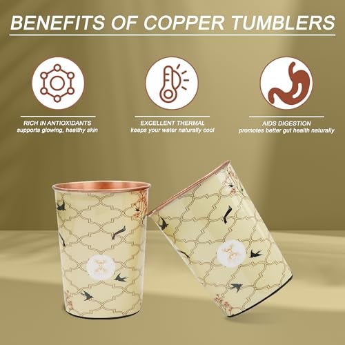 MERCAPE® 100% Pure Copper Glasses Set of 2 | Designer Meena Print | 300ml Each | Ayurvedic Benefits | Handmade Copper Tumblers for Daily Use & Gifting (Multiple Designs) (Beige Swallow Design) - Image 3