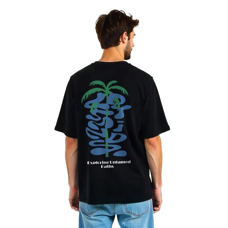 NOBERO Men's Black Graphic Print Oversized T-Shirt