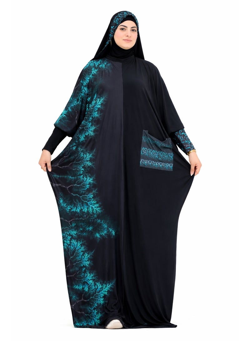 SATR HIJABI Women Printed Isdal Prayer Set – Full Coverage 2-Piece Prayer Outfit with Pocket, Soft Breathable Modest Islamic Wear Black Turquoise - Image 1