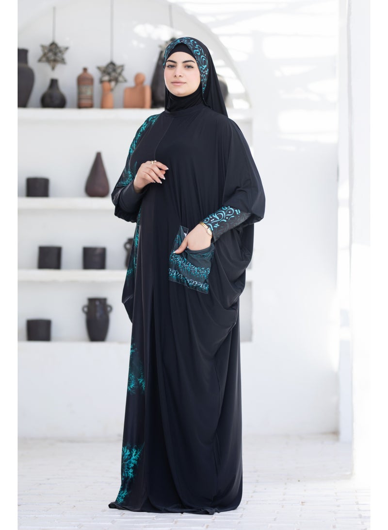 SATR HIJABI Women Printed Isdal Prayer Set – Full Coverage 2-Piece Prayer Outfit with Pocket, Soft Breathable Modest Islamic Wear Black Turquoise - Image 3