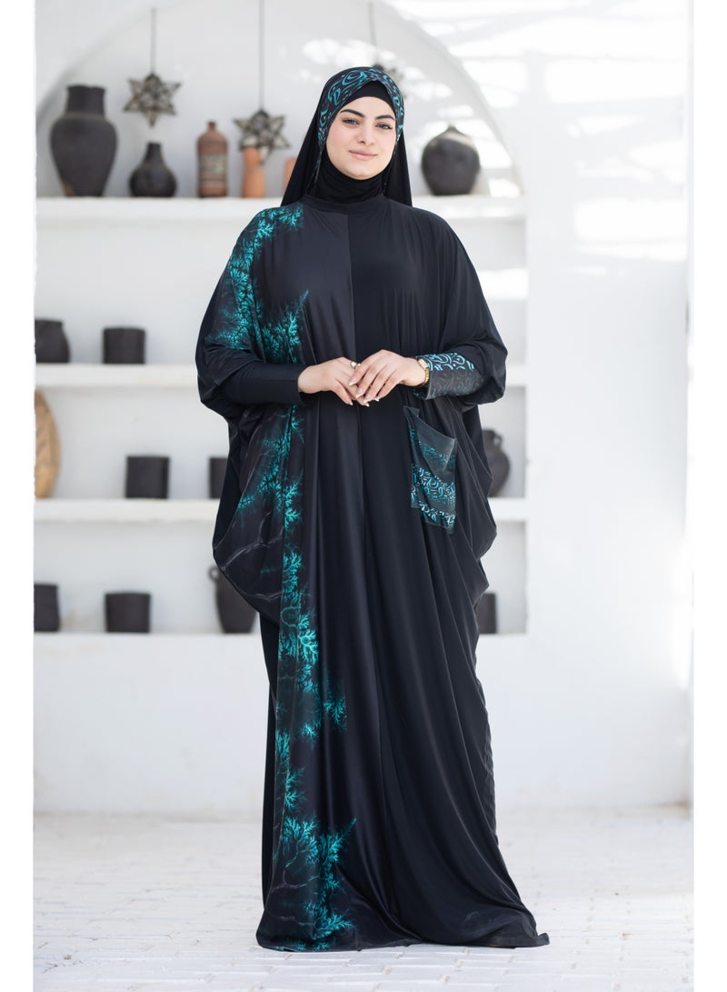 SATR HIJABI Women Printed Isdal Prayer Set – Full Coverage 2-Piece Prayer Outfit with Pocket, Soft Breathable Modest Islamic Wear Black Turquoise - Image 2