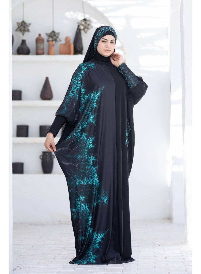 SATR HIJABI Women Printed Isdal Prayer Set – Full Coverage 2-Piece Prayer Outfit with Pocket, Soft Breathable Modest Islamic Wear Black Turquoise - Image 4