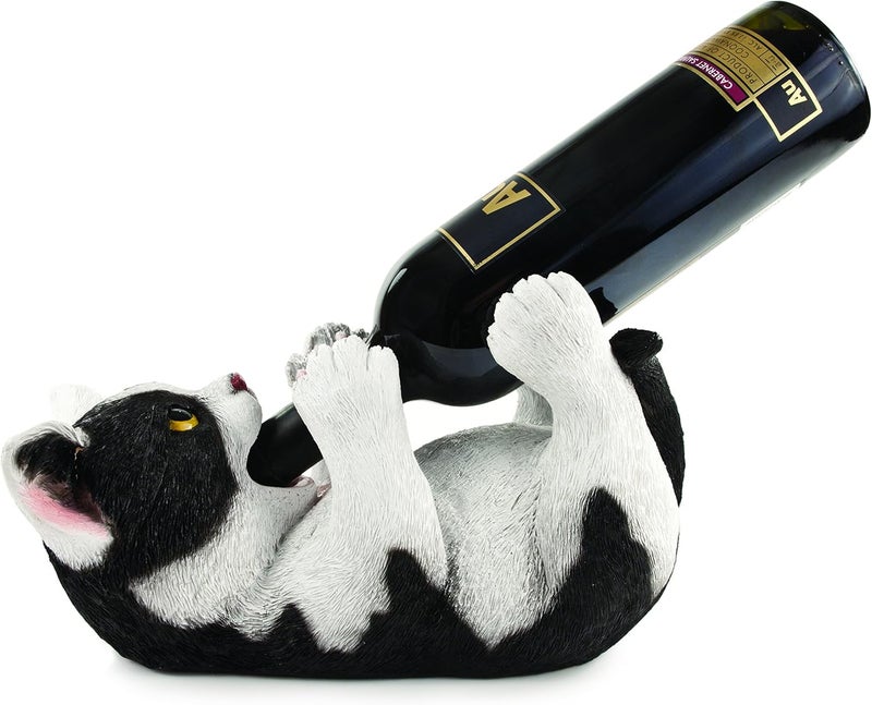 True Klutzy Kitty Cat Countertop Wine Bottle Holder Kitchen Decor Tabletop Wine Rack Animal Stand for Cat Lovers and Pet Owners, Black and White, Set of 1 - Image 1