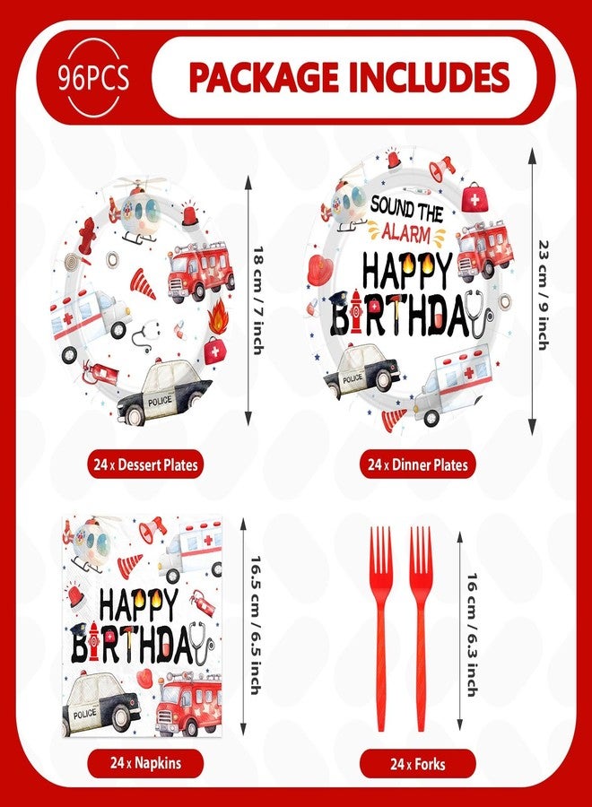 Grencian 96pcs Fire Truck Birthday Party Decorations Fire Truck Themed Plates and Napkins Ambulance Tableware Police Car Dinnerware for Kids Boys Girls Emergency Vehicle Birthday Party Decorations - Image 2