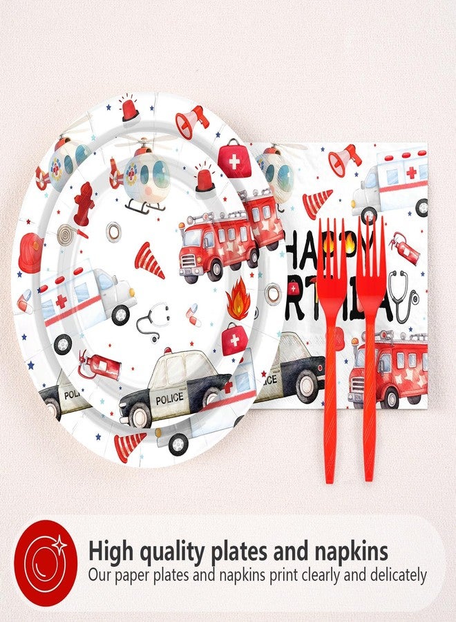 Grencian 96pcs Fire Truck Birthday Party Decorations Fire Truck Themed Plates and Napkins Ambulance Tableware Police Car Dinnerware for Kids Boys Girls Emergency Vehicle Birthday Party Decorations - Image 3