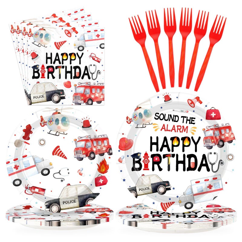 Grencian 96pcs Fire Truck Birthday Party Decorations Fire Truck Themed Plates and Napkins Ambulance Tableware Police Car Dinnerware for Kids Boys Girls Emergency Vehicle Birthday Party Decorations - Image 1