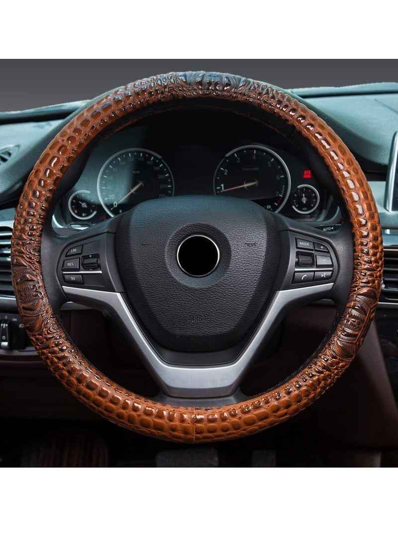 SYOSI Steering Wheel Cover, Universal Fit Leather Car Steering Wheel Cover 37 39CM 15 Crocodile Texture Anti Slip Breathable Proof Breathable Protector Car Accessory Year Round Use for Truck SUV Brown - Image 4