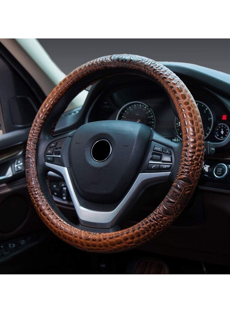 SYOSI Steering Wheel Cover, Universal Fit Leather Car Steering Wheel Cover 37 39CM 15 Crocodile Texture Anti Slip Breathable Proof Breathable Protector Car Accessory Year Round Use for Truck SUV Brown - Image 1
