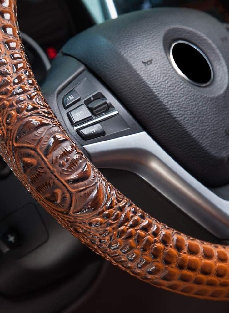 SYOSI Steering Wheel Cover, Universal Fit Leather Car Steering Wheel Cover 37 39CM 15 Crocodile Texture Anti Slip Breathable Proof Breathable Protector Car Accessory Year Round Use for Truck SUV Brown - Image 3