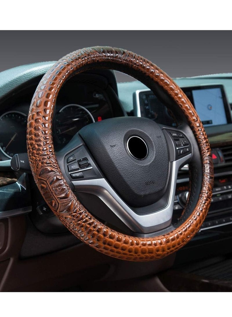 SYOSI Steering Wheel Cover, Universal Fit Leather Car Steering Wheel Cover 37 39CM 15 Crocodile Texture Anti Slip Breathable Proof Breathable Protector Car Accessory Year Round Use for Truck SUV Brown - Image 2