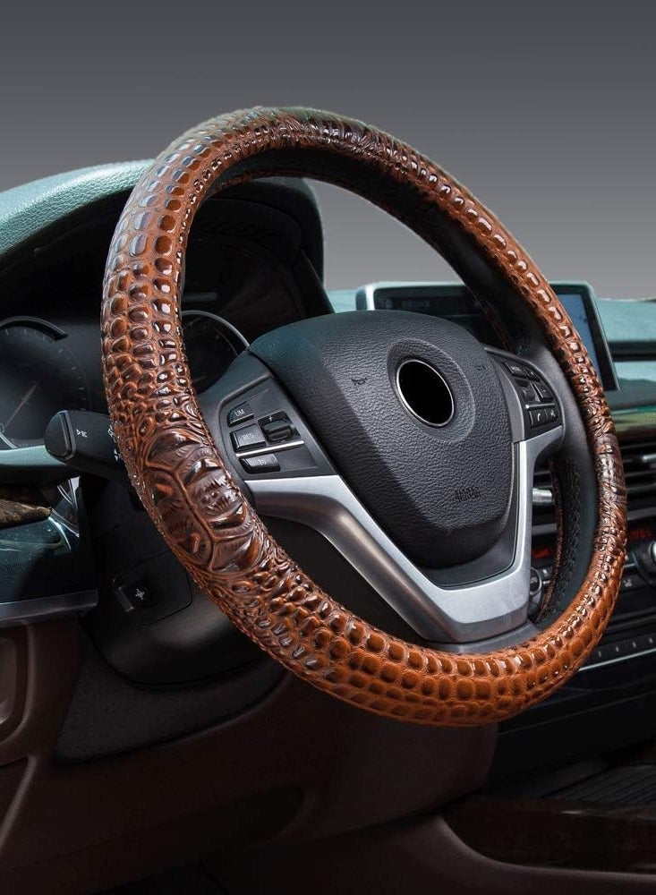 SYOSI Steering Wheel Cover, Universal Fit Leather Car Steering Wheel Cover 37 39CM 15 Crocodile Texture Anti Slip Breathable Proof Breathable Protector Car Accessory Year Round Use for Truck SUV Brown - Image 5