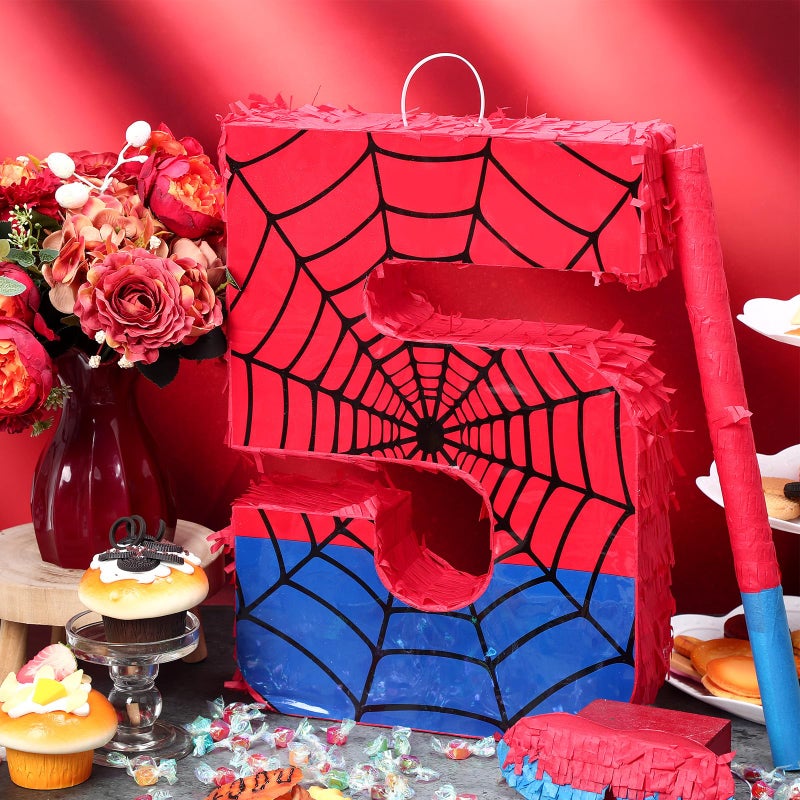 Simgoing Number 5 Spider Web PiÃ±ata Bundle with Blindfold Small PiÃ±ata Birthday Party Decoration for Mexican Fiesta Cinco De Mayo Anniversary Celebration Gift, 15.75 x 11 x 2.8 In(Red Blue) - Image 2