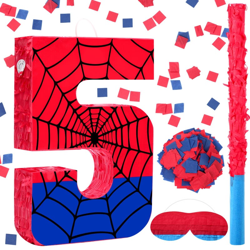 Simgoing Number 5 Spider Web PiÃ±ata Bundle with Blindfold Small PiÃ±ata Birthday Party Decoration for Mexican Fiesta Cinco De Mayo Anniversary Celebration Gift, 15.75 x 11 x 2.8 In(Red Blue) - Image 1