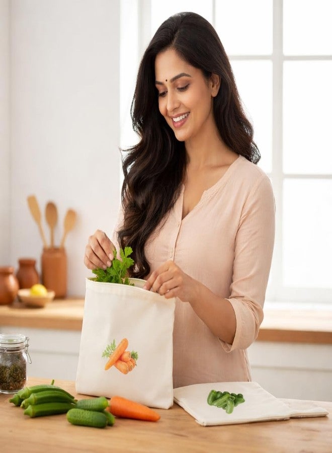 ZEVESTY Reusable Vegetable Storage Bags (10 PCS Set) | Eco-Friendly,Washable,Breathable Zipper Cloth Bags For Fridge | Printed Vegetable Labels In Bag | Mesh Produce Bags | 12x12 Inch 100% Cotton - Image 2