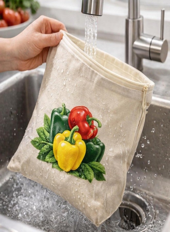 ZEVESTY Reusable Vegetable Storage Bags (10 PCS Set) | Eco-Friendly,Washable,Breathable Zipper Cloth Bags For Fridge | Printed Vegetable Labels In Bag | Mesh Produce Bags | 12x12 Inch 100% Cotton - Image 4