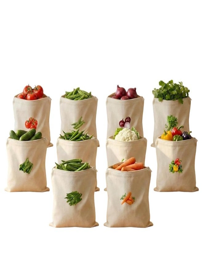 ZEVESTY Reusable Vegetable Storage Bags (10 PCS Set) | Eco-Friendly,Washable,Breathable Zipper Cloth Bags For Fridge | Printed Vegetable Labels In Bag | Mesh Produce Bags | 12x12 Inch 100% Cotton - Image 1