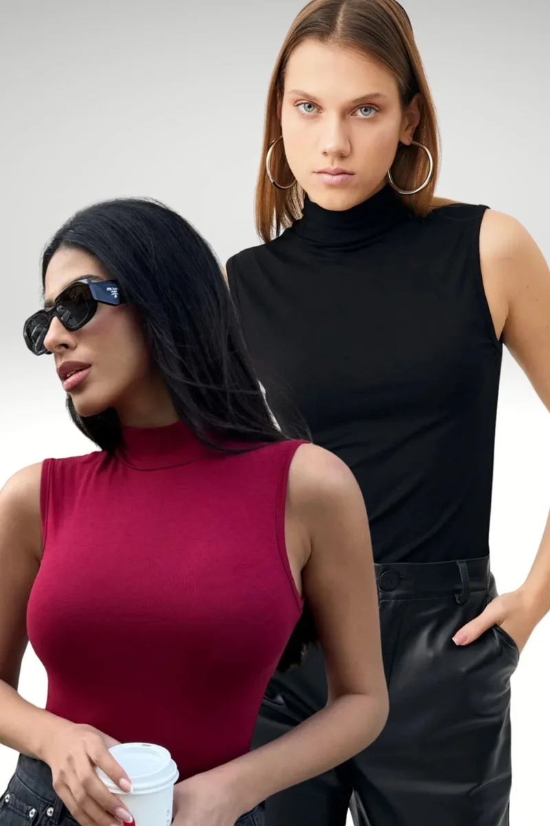 بيبانتولون BIPANTOLON Women's 2-Pack Sleeveless Half Turtleneck Bodysuits