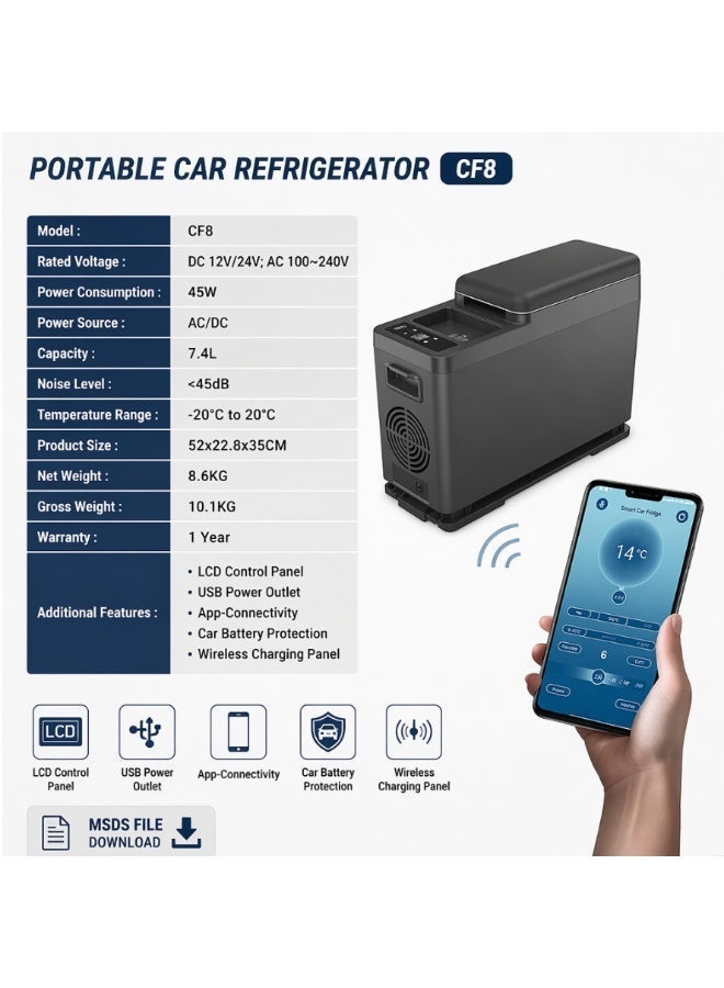 CRONY 8L Mini Portable Car Refrigerator, 12V/24V DC 100-240V AC Dual Use Cooler Warmer, APP Control LCD Display Mini Freezer with USB Wireless Charging, -20℃ to 20℃ Fridge for Car Camping Travel Home - Image 4