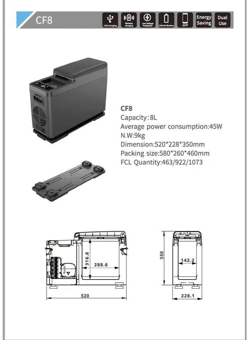CRONY 8L Mini Portable Car Refrigerator, 12V/24V DC 100-240V AC Dual Use Cooler Warmer, APP Control LCD Display Mini Freezer with USB Wireless Charging, -20℃ to 20℃ Fridge for Car Camping Travel Home - Image 5