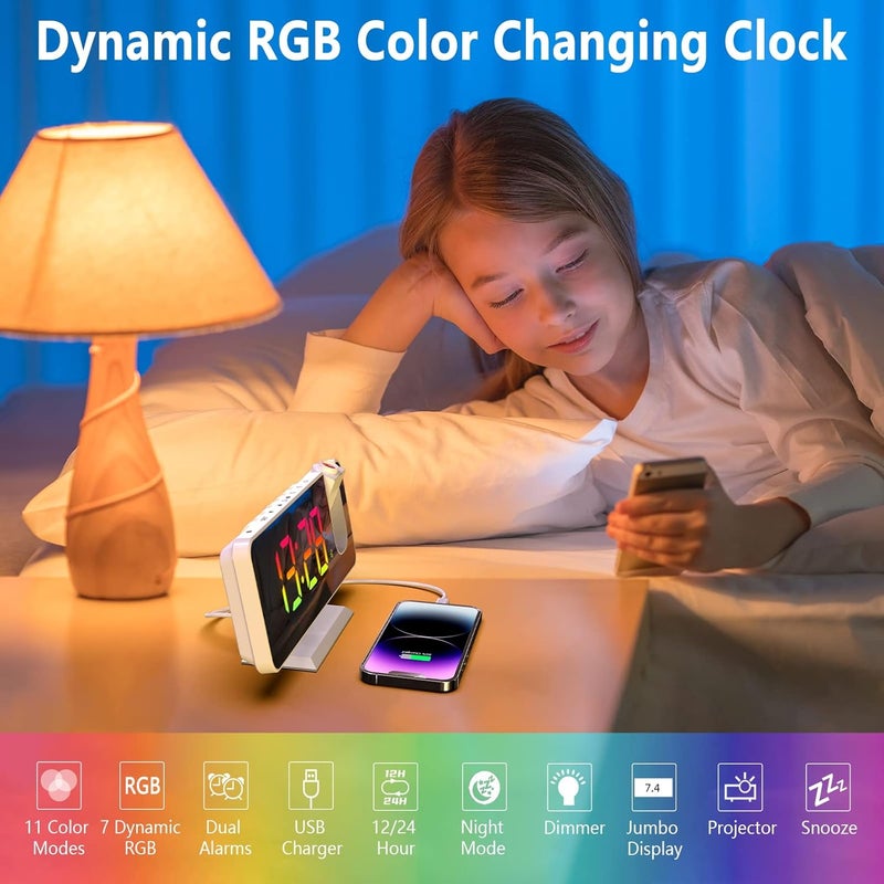 Petilleur ساعة إنذار عرض للسقف في غرفة النوم، جهاز عرض دوار 180° شاشة LED رقمية RGB مرآة 7.4 بوصة 12/24 ساعة، خافت سطوع 5 مستويات، ساعة إنذار مزدوجة (بيضاء) - Image 4