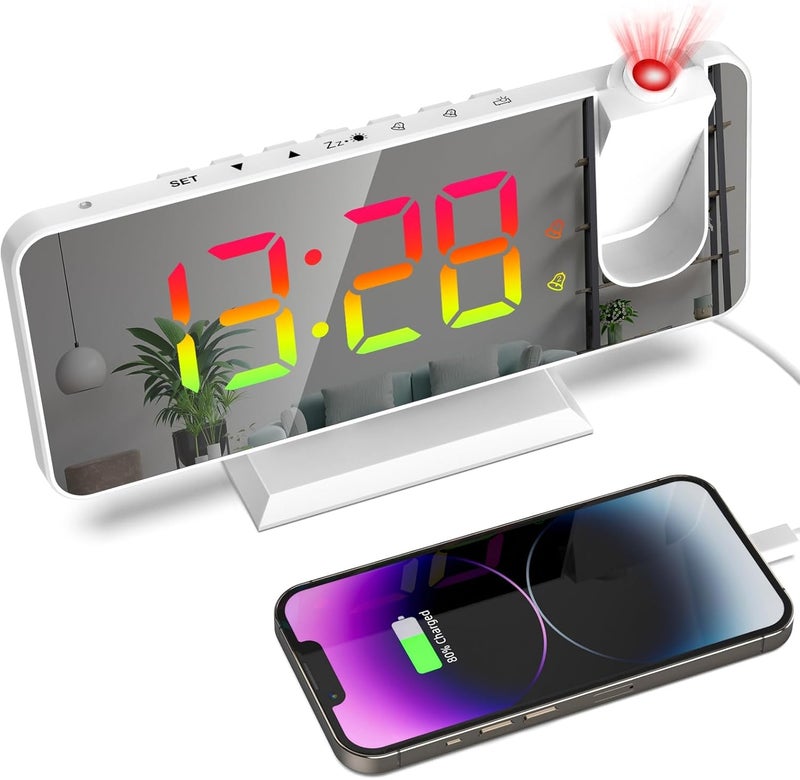 Petilleur ساعة إنذار عرض للسقف في غرفة النوم، جهاز عرض دوار 180° شاشة LED رقمية RGB مرآة 7.4 بوصة 12/24 ساعة، خافت سطوع 5 مستويات، ساعة إنذار مزدوجة (بيضاء) - Image 1