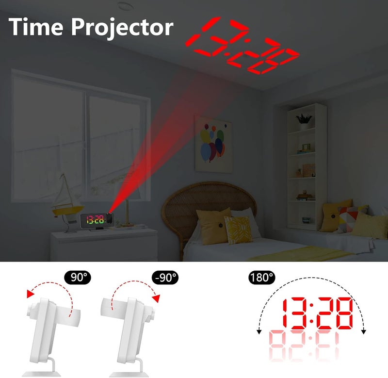 Petilleur ساعة إنذار عرض للسقف في غرفة النوم، جهاز عرض دوار 180° شاشة LED رقمية RGB مرآة 7.4 بوصة 12/24 ساعة، خافت سطوع 5 مستويات، ساعة إنذار مزدوجة (بيضاء) - Image 2
