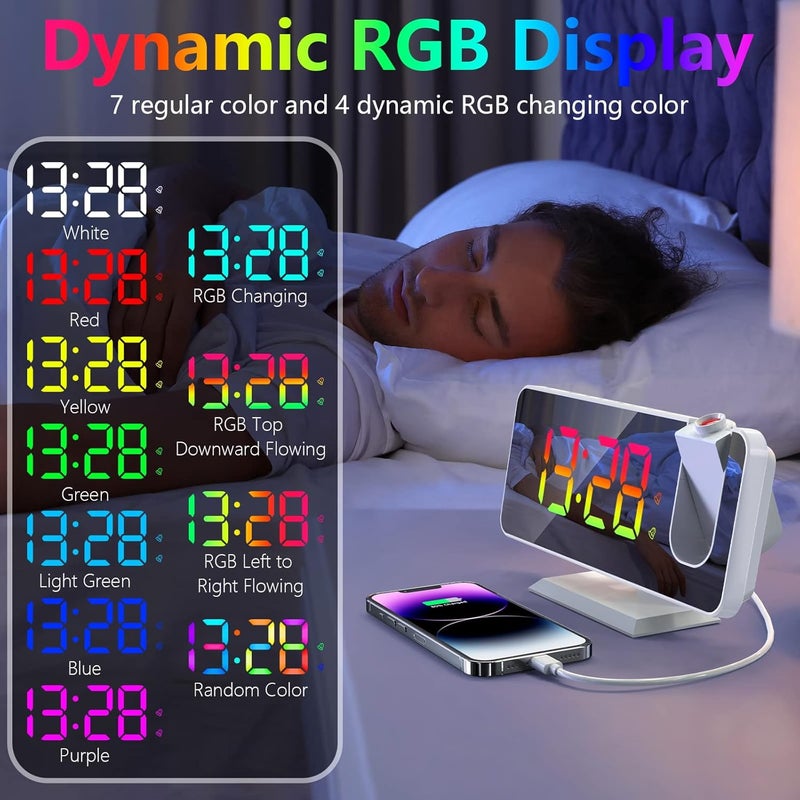 Petilleur ساعة إنذار عرض للسقف في غرفة النوم، جهاز عرض دوار 180° شاشة LED رقمية RGB مرآة 7.4 بوصة 12/24 ساعة، خافت سطوع 5 مستويات، ساعة إنذار مزدوجة (بيضاء) - Image 3