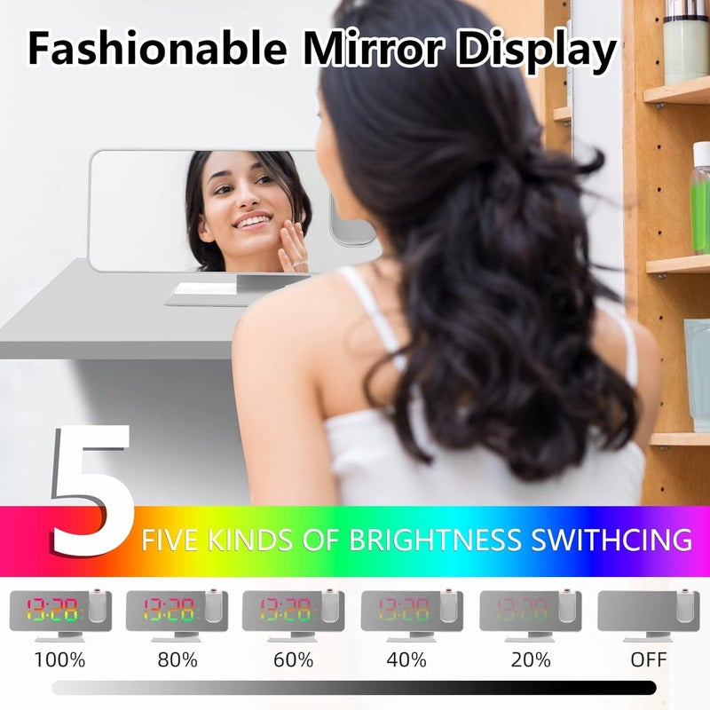 Petilleur ساعة إنذار عرض للسقف في غرفة النوم، جهاز عرض دوار 180° شاشة LED رقمية RGB مرآة 7.4 بوصة 12/24 ساعة، خافت سطوع 5 مستويات، ساعة إنذار مزدوجة (بيضاء) - Image 5