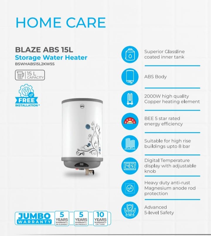 BPL 15L (BSWHABS15L2KW5S) Storage Water Geyser Digital Display Glass line Coated Tank Temperature Control ABS Body Advanced 4 Level Safety, 10 years tank & 5 years product warranty Water Heater - Image 3
