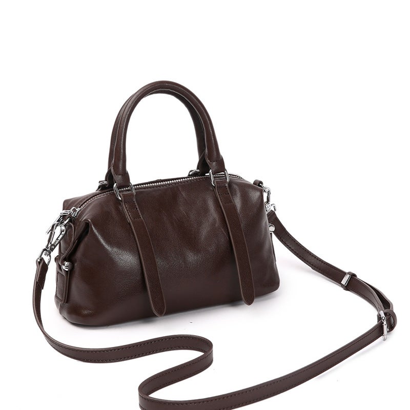 Womens Vintage Single Shoulder Boston Bag Full Leather Crossbody Bag Commute To Work Handbag Genuine Cow Leather Top Layer Brown 
