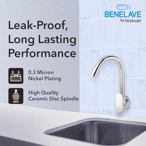 hindware Benelave by Hindware Volga Faucet for Kitchen Sink | Brass Sink Tap with Chrome Finish | Wall Mounted | 7-Year Manufacturer Warranty - Image 5