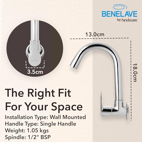 hindware Benelave by Hindware Volga Faucet for Kitchen Sink | Brass Sink Tap with Chrome Finish | Wall Mounted | 7-Year Manufacturer Warranty - Image 3