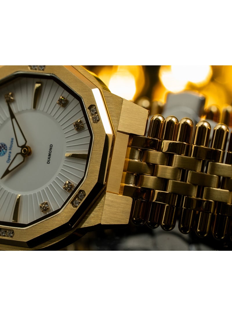 Opera House Men’s Luxury Diamond Analog Watch – 12 Natural Diamonds (1.2–1.25mm SI2 GH) Dial, 42mm Gold Stainless Steel Case, Crystal Glass, Quartz Movement, 3ATM Water Resistant, Gold (IPS/IPG) Case & Band - Image 5