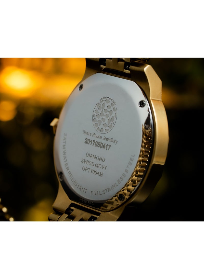 Opera House Men’s Luxury Diamond Analog Watch – 12 Natural Diamonds (1.2–1.25mm SI2 GH) Dial, 42mm Gold Stainless Steel Case, Crystal Glass, Quartz Movement, 3ATM Water Resistant, Gold (IPS/IPG) Case & Band - Image 4